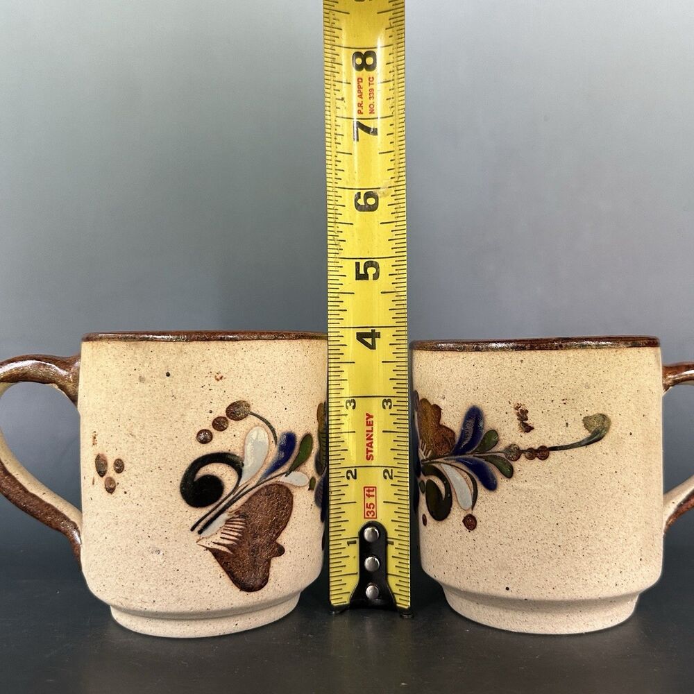 Vintage Mexican Pottery Mugs Set of 4 Tonala Style Hand Painted Stoneware Cups - Picture 14 of 16